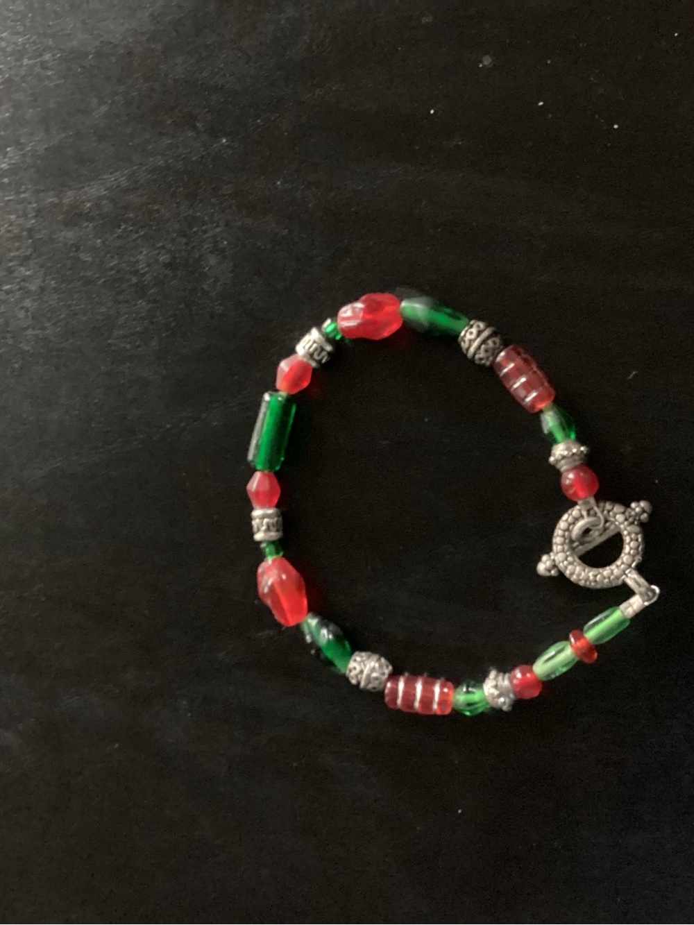 Handcrafted Red & Green Beaded Toggle Bracelet